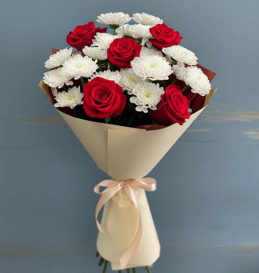 Букет цветов из: Розы и Хризантемы в Солнечном Хабаровского края