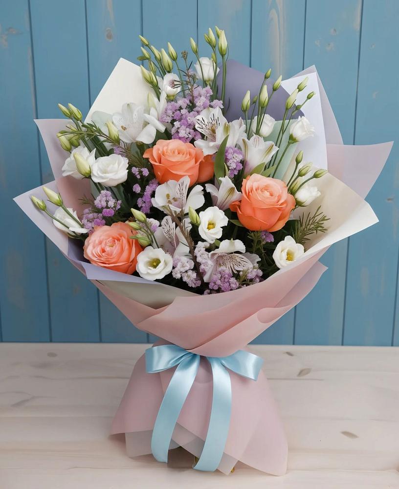 Букет цветов из: Лизиантусы, Розы, Альстромерии и Гипсофила в Солнечном Хабаровского края