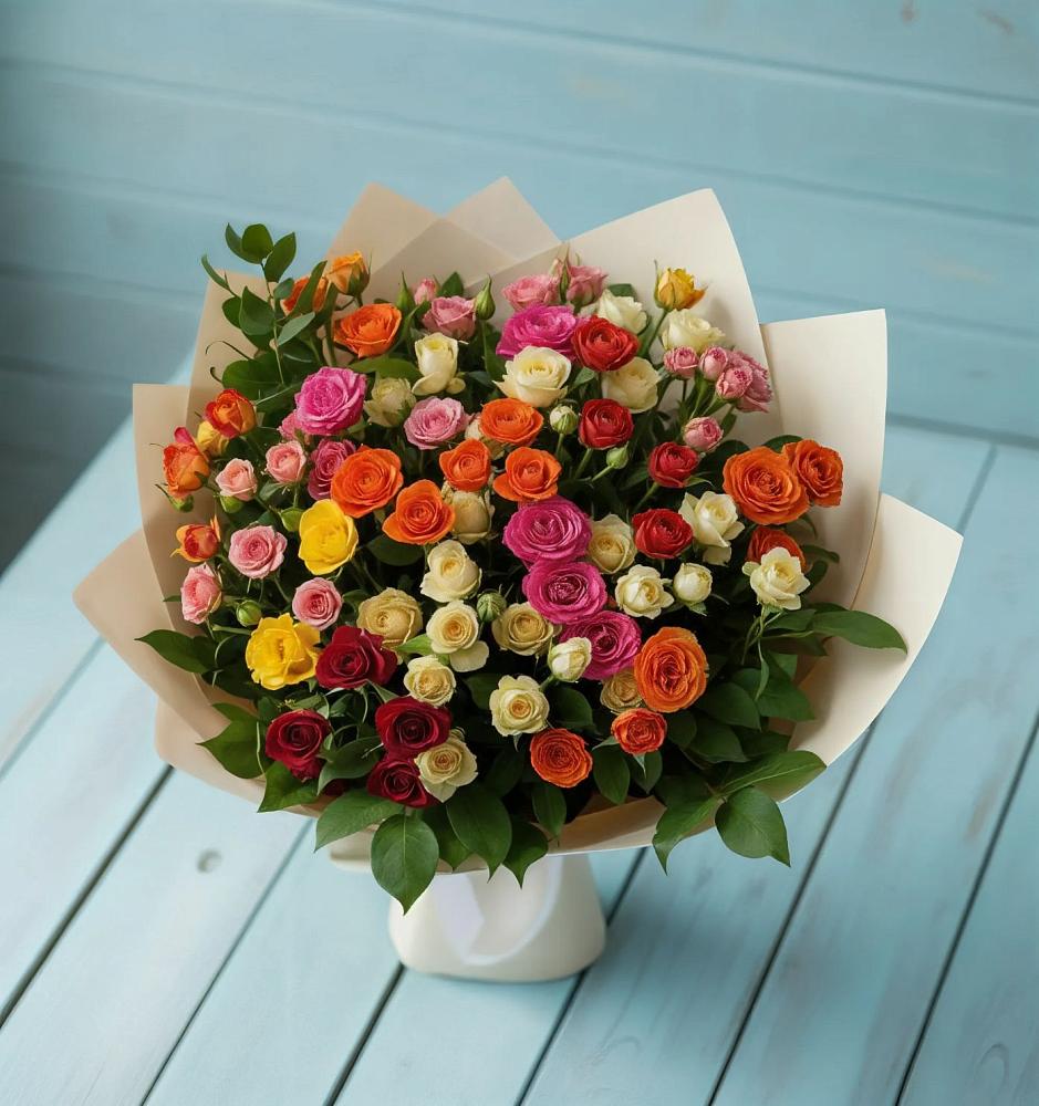 Букет Микс из разноцветных кустовых роз в Солнечном Хабаровского края