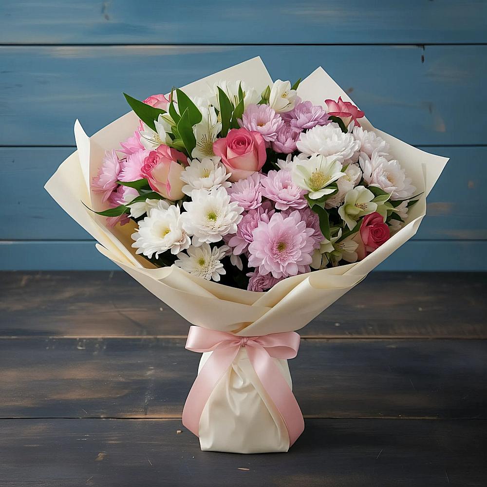 Букет цветов из: Хризантемы, Альстромерии и Розы в Солнечном Хабаровского края